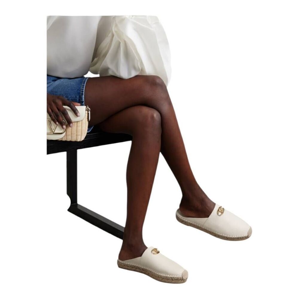 Valentino Garavani VLOGO 25 embellished textured-leather‎ espadrille mules